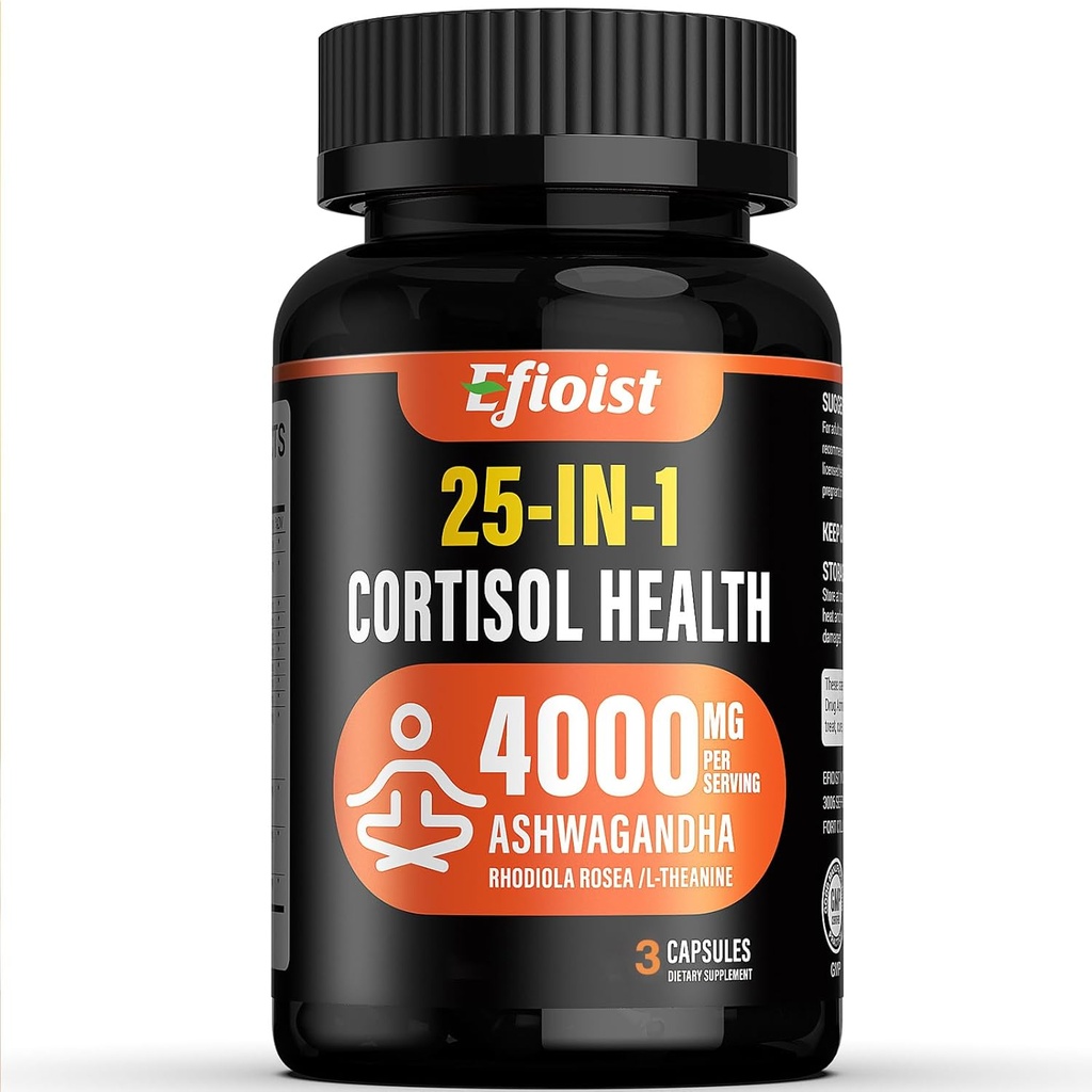 Supplément de cortisol santé, 25-en-1 Réducteur de cortisol pour les femmes et les hommes, Suppléments de cortisol pour Ashwagandha, Rhodiola Rosea, L-Theanine, 3 capsules