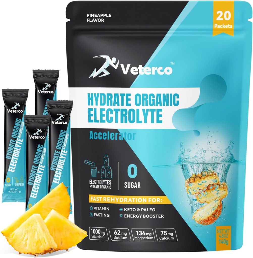 Hydration Electrolyte Powder, Electrolyte Drink, Hydration Supplement Drink Mix, Hydration Packets met Vitamine & Mineral, Keto Friendly, Vegan, Non-GMO, Geen suiker, Ananas smaak (20 Sticks)