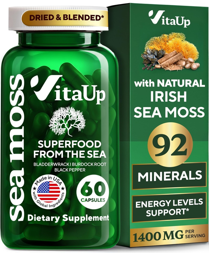 Wildcrafted Irish Sea Moss Capsules with Burdock Root & Bladderwrack - USA Made Sea Moss Advanced for Hair, Skin, Immune & Energy Levels Support - SeaMoss Pills - 60 Capsules Vegan