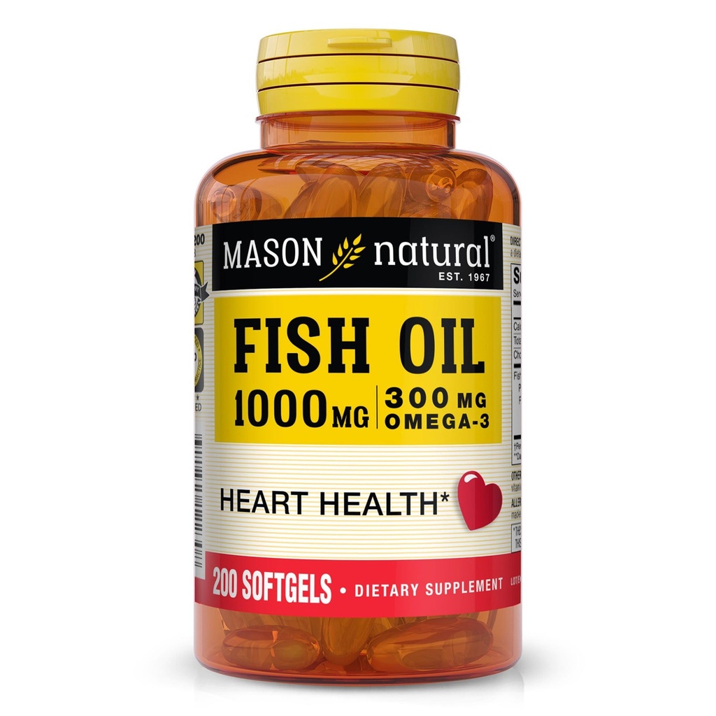 MASON NATUURLIJKE Omega,3 Fish Oil, 200,Day Supply, 1000mg met EPA en DHA voor gezamenlijke ondersteuning, Softgel Pillen