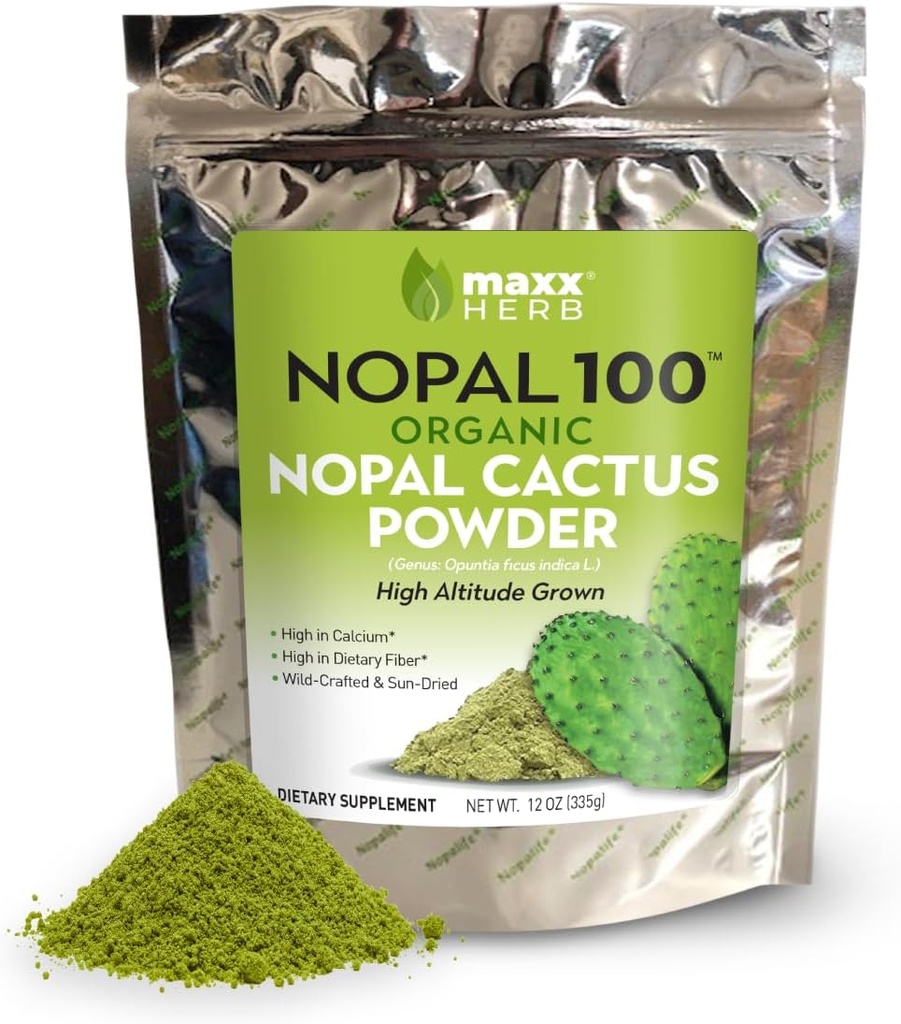 Maxx Herb Organic Nopal Cactus Powder, voor gezonde spijsvertering en immuunondersteuning, hoog in voedingsvezels, calcium en vitamine C, veganistisch, niet-GMO en glutenvrij - 12 Oz Bag