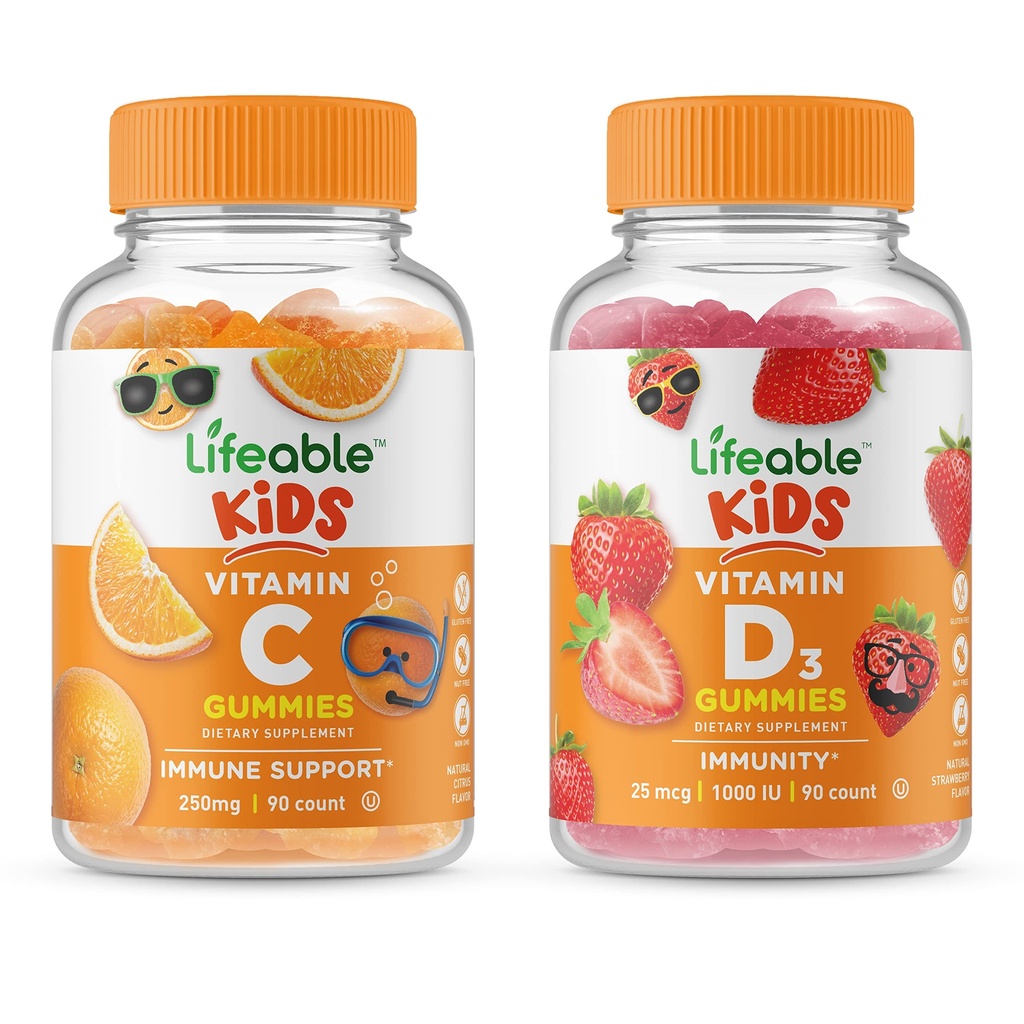 Lifeable Vitamin D Kids + Vitamin C Kids, Gummies Bundle - Great Tasting, Vitamin Supplement, Gluten Free, GMO Free, Chewable Gummy