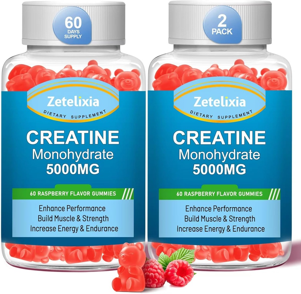 2 Pack Creatine Monohydrate Gummies, Creatine Monohydrate for Men & Women, Enhanced Formula with BCAA, Vitamin B12, Taurine, Muscle Support, Energy Boost, Sugar Free, Vegan, 120 Count