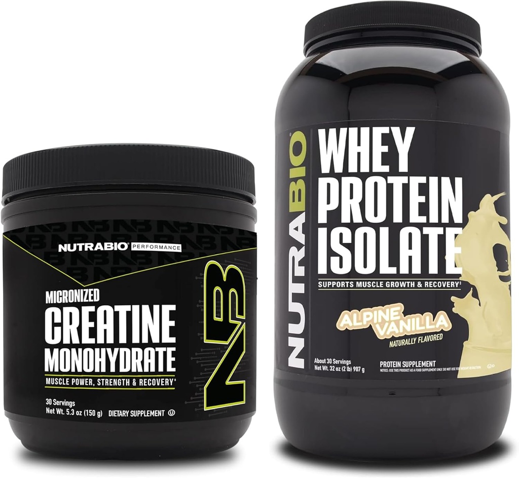 NutraBio Creatine Monohydraat, Unflavored, 150g en Wei Proteïne Isolaat, Alpine Vanille, Supplement Bundle - Spierenergie, Lean Spiergroei, Herstel, en kracht