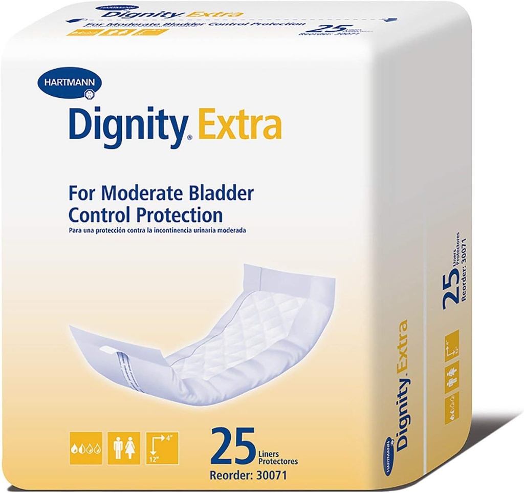 Dignity Extra Incontinence Liner voor mannen en vrouwen - Bladder Leak Pads, Matige absorptie - One Size Past Meest, 4 in x 12 in, 25 Tel, 1 Pak