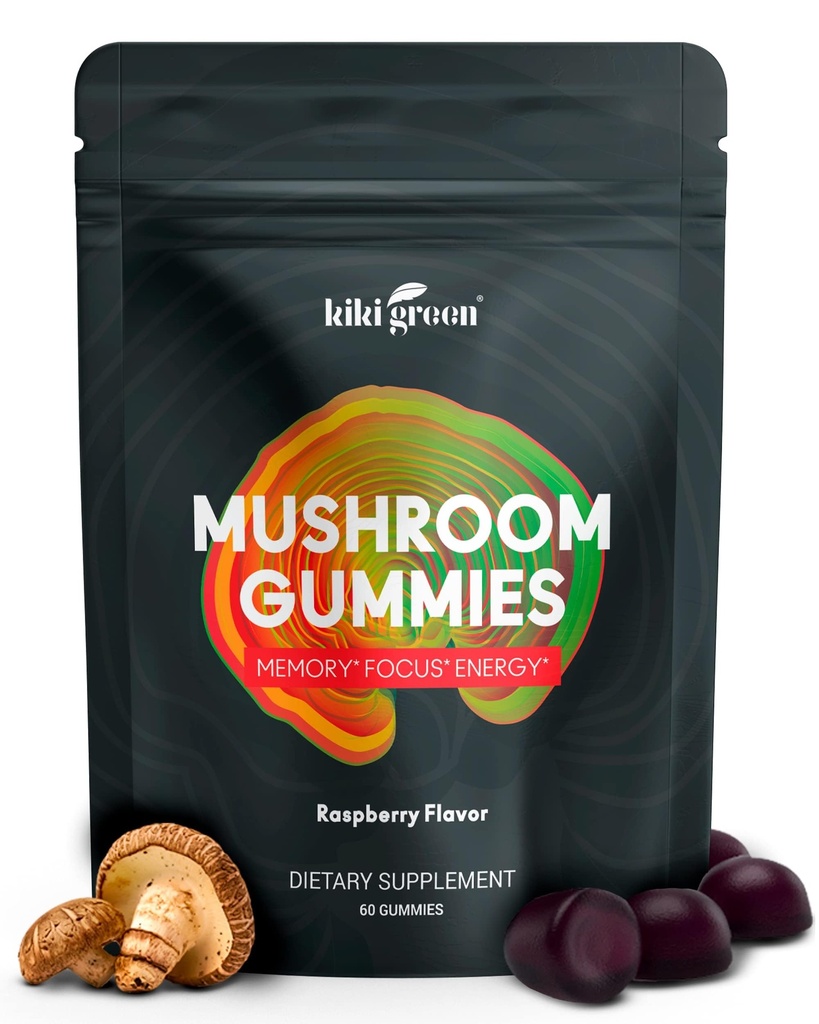 KIKI Green Mushroom Gummies met Lion's Mane en 9 Adaptogen Superfoods Blend - Chaga, Red Reishi, Cordyceps, Shiitake, Black Fungus 60 Tellen, 10:1 Extract