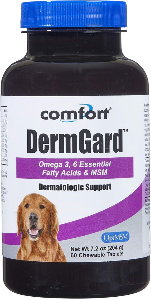 Kala Health Comfort DermGard huid- en jassupplement voor honden, 60 Telling, ondersteunt een gezonde huid, glanzend & verminderen overmatige afscheiding, Bevat MSM, visolie & Omega 3, 6, en 9 essentiële vetzuren