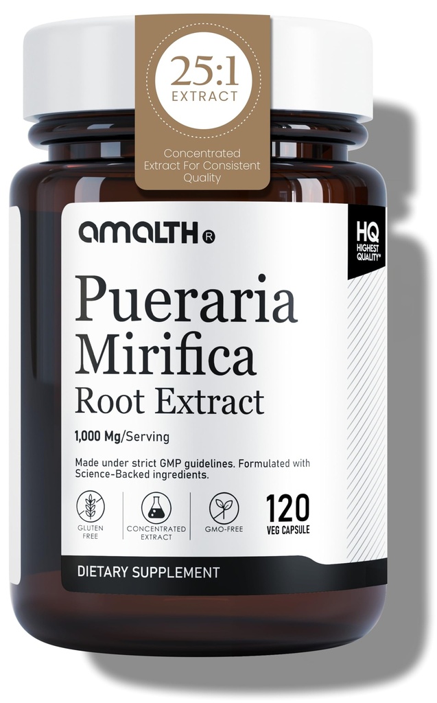 AMALTH Pueraria Mirifica Capsules 1000 mg 120 Capsules Supplément Estrogen pour les femmes, les hommes et les transgenres, Ménopause Relief, pilules de soutien au mieux-être féminin