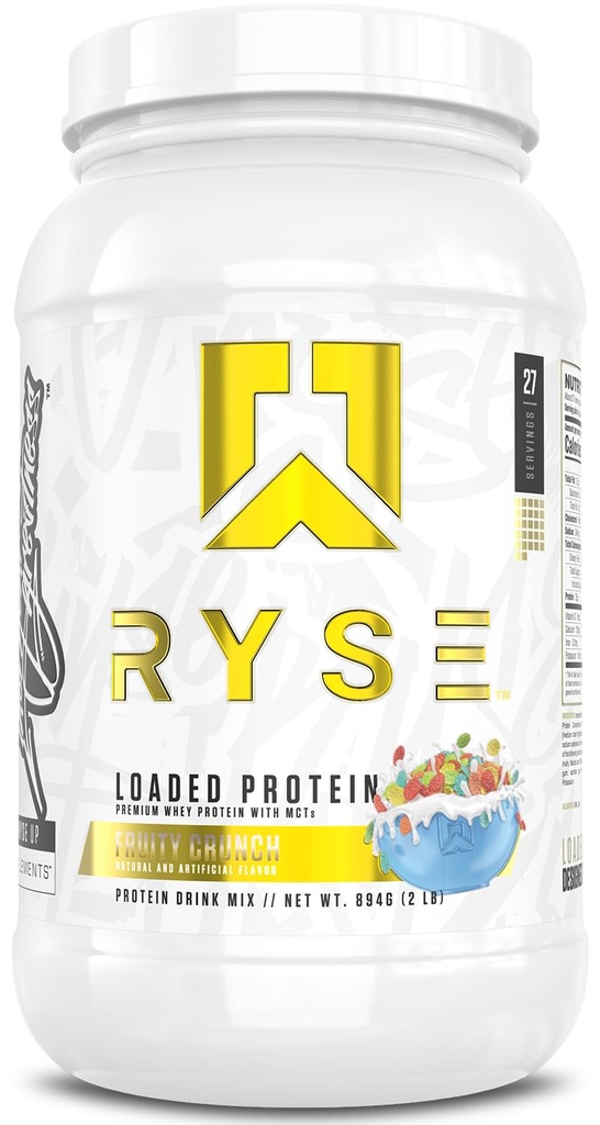 Poudre de protéines chargées RYSE - Crunch fruité - 25g Protéine de lactosérum isolat et concentré avec fibre prébiotique et MCT - faible teneur en glucides, faible teneur en sucre, agréable à la digestion - 27 portions / 2 lb Tub