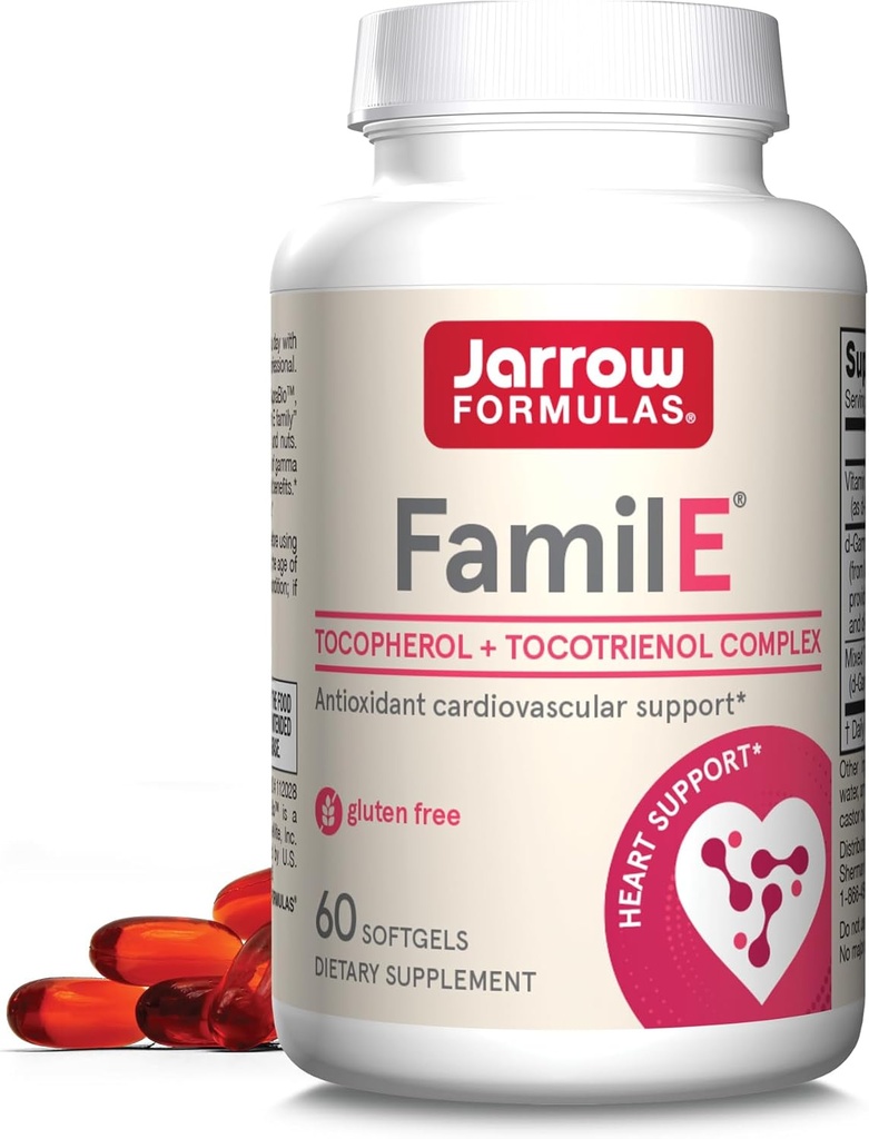 Jarrow Formulas Famil-E - Promoot hart-en hart-cardiovasculaire gezondheid - Bevat alle acht leden van de vitamine E familie - rijk aan Gamma Tocoferol & Tocotrienolen - 60 Softgels