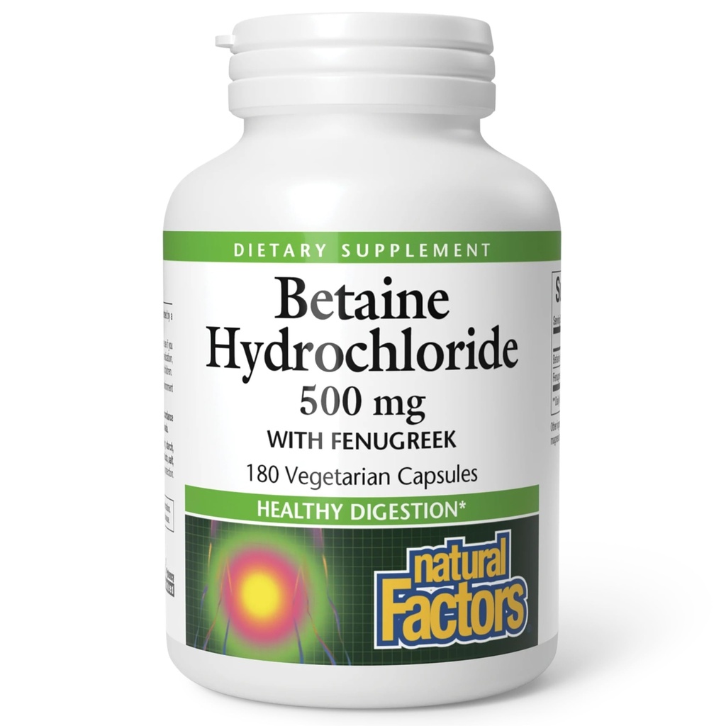 Natuurlijke factoren, Betaine HCL 500 mg, Ondersteunt gezonde spijsvertering en een gezonde Microbiome, 180 capsules (180 porties)