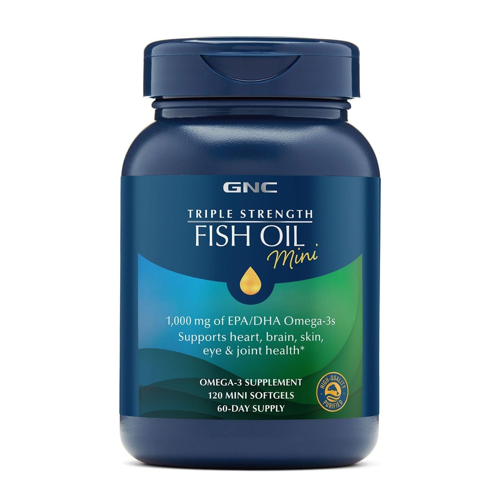GNC Triple Strength Fish Oil Mini Omega 3 Supplément, 1000mg EPA et DHA, soutient le cœur, le cerveau, la peau, les yeux et la santé articulaire, 120 Mini Softgels