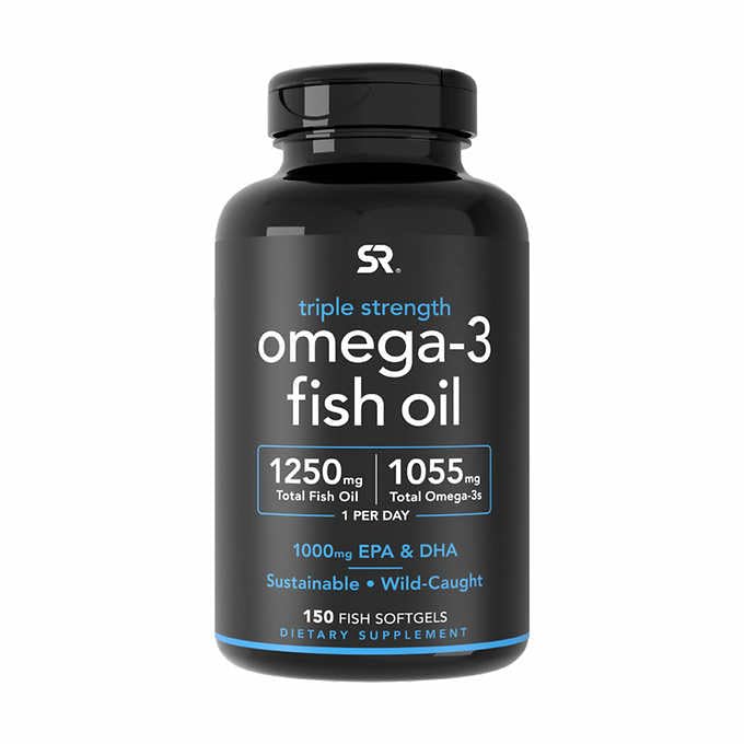 Recherche sportive Triple force Omega 3 Huile de poisson - Supplément d'huile de poisson sans Burpless w/EPA & DHA Acides gras de poissons capturés sauvages - Soutien du coeur, du cerveau et de l'immunité pour les hommes et les femmes - 1250 mg, 150 ct