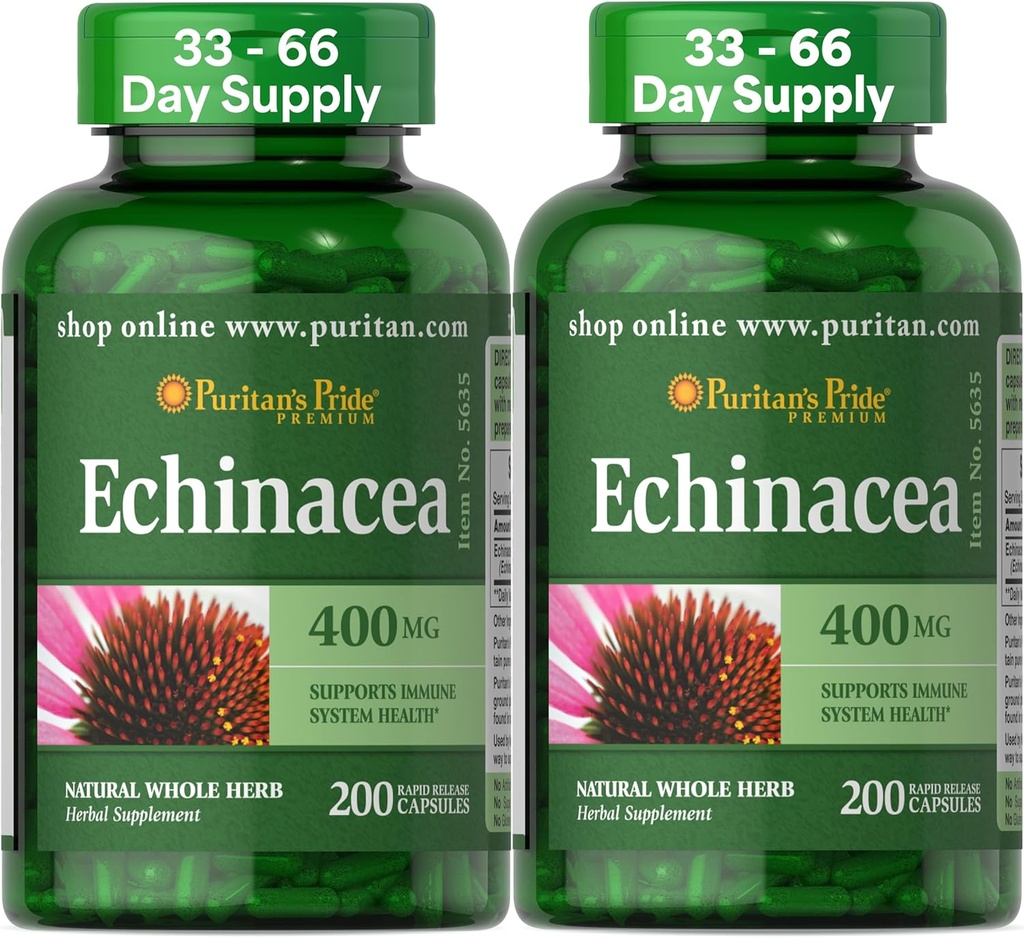 Puritan's Pride Premium Echinacea Natural Whole Herb Herbal Supplement 400mg, Dieetsupplement voor de gezondheid, Immuunsysteemondersteuning, 200 Rapid Release Capsules, 2 Pack