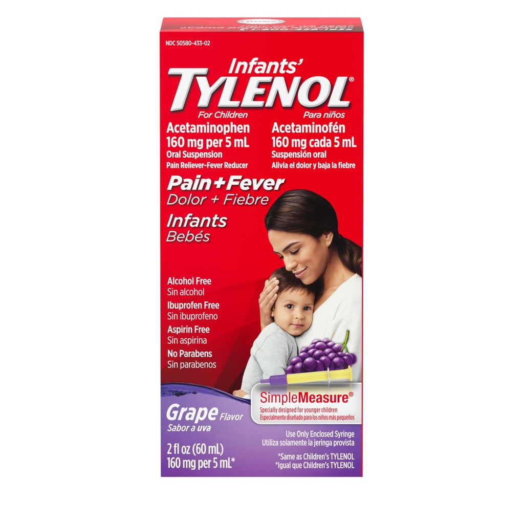 Zuigelingen Tylenol Liquid Pain Relief & Fever Medicine, Oral Suspension, Acetaminophen for Sore Throat, Heather & Teething, Pain Reliever & Fever Reducer for Kids; Grape Flavor, 2 fl. oz.; Pack of 1