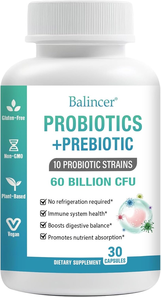 Probiotica en biologische prebiotica voor vrouwen en mannen, 60 miljard CFU 10 strains, ondersteuning Digestieve & Gut Health, Gas & Bloating, 30 capsules