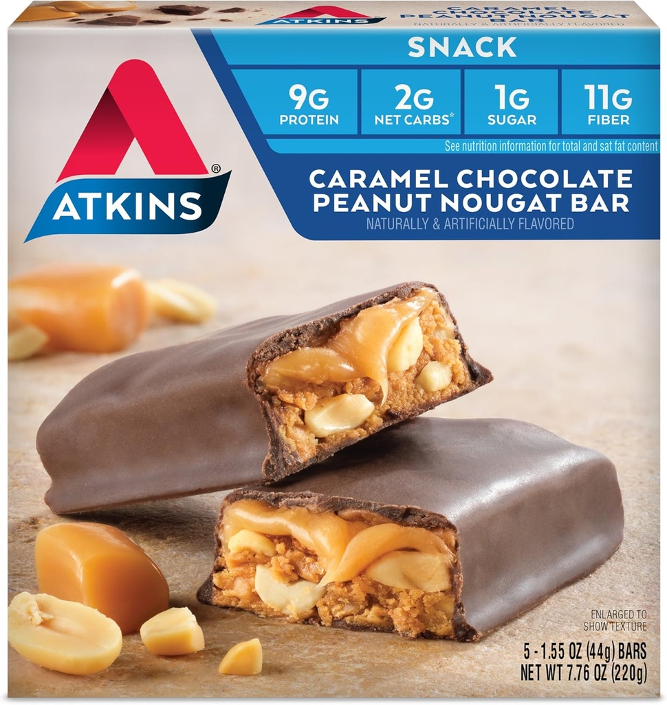 Atkins Caramel Chocolate Peanut Nougat Snack Bar, Proteine Snack, High in Fiber, 2g Sugar, Keto Friendly, 5 Tellen