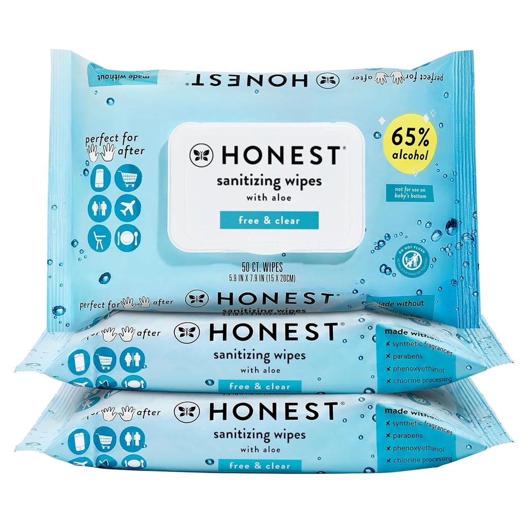 The Honest Company Fragrance-Free Sanitizing Alcohol Wipes, Antibacterial Hand Wipes with Aloë, Kills 99% van Germs, Safe for Hands, 150 Tel (3 Packs of 50)