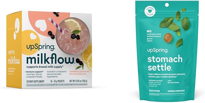 UpSpring Momach Settle Drops, Mint Flavour, 28 Ct+Milkflow Borstvoeding Supplement Drink Mix met Moringa & Zalige Thistle, Geen Fenegriek 
