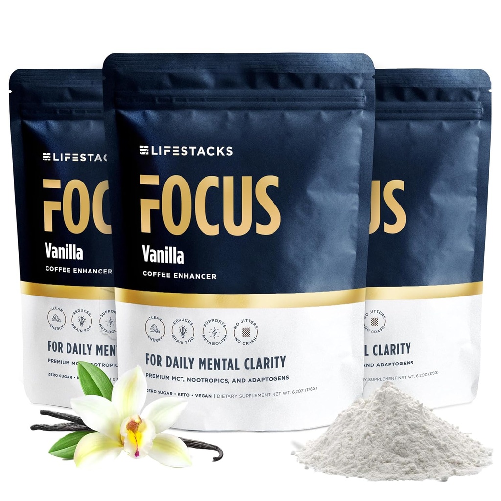 Vanille MCT Oil 3-Pack - Boost Energy & Clarity - MCT Powder + Nootropics + Adaptogènes pour une expérience de café élevée - Keto, Vegan, 0 sucre - avec Taurine, L-Tyrosine, Rhodiola et plus