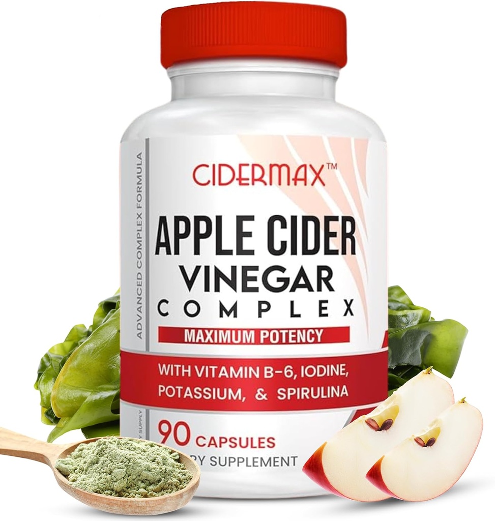 Apple Cider Vinegar Complex Capsules - 90-Day Supply Capsules for Gut Support, Balanced Weight & Body Detox - All Natural Vitamin B6, Kelp, Kalium, & Spirulina Supplement by Cidermax