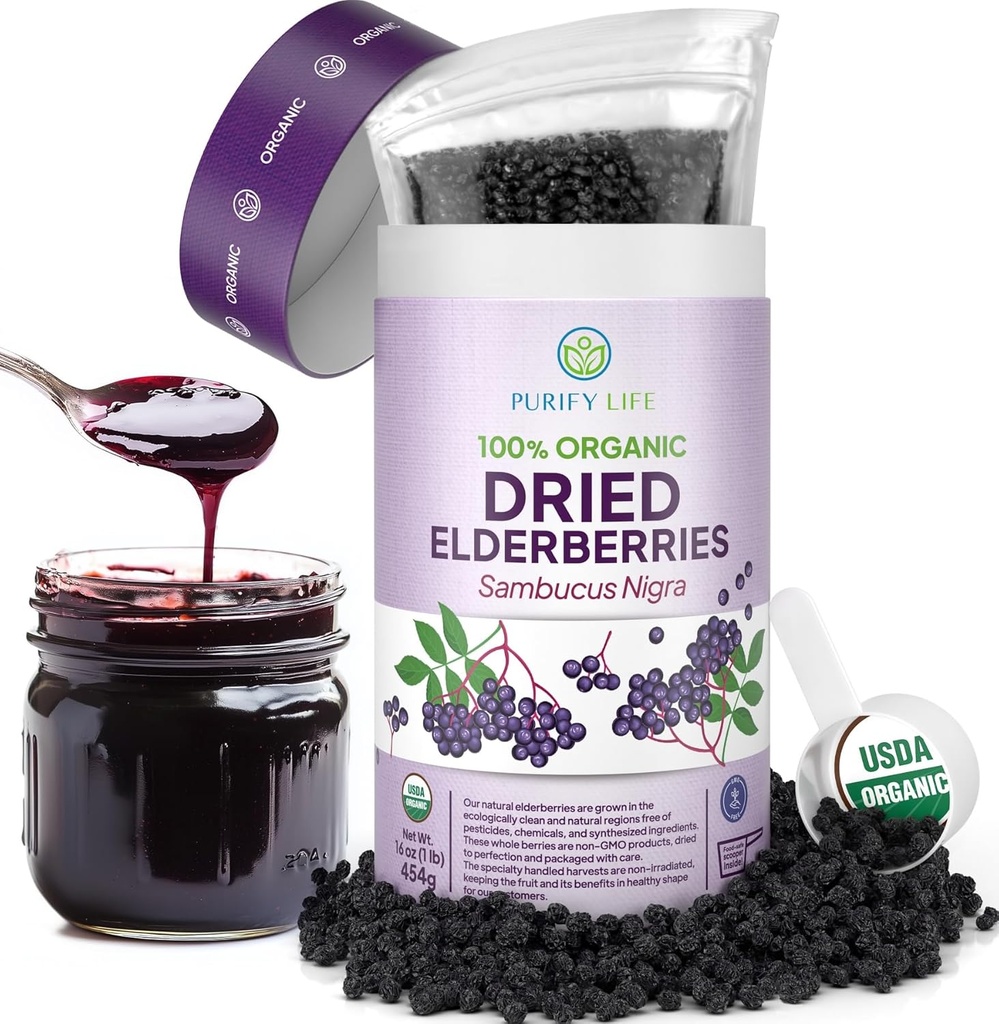USDA Biologische gedroogde vlierbessen 1lb Bulk (veiligste verpakking, hersluitbare zak, BPA-vrije scoop) Natuurlijke, niet-bestraalde, Raw Whole Black Vlierbessen, Immune Support, Make Sambucus Vlierbessen Siroop, 1 pond