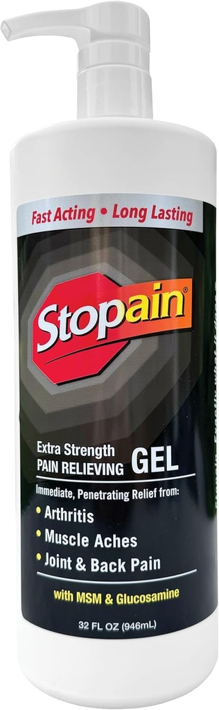 Stopain Pain Relief Gel 32oz, USA Made, Max Strength Fast Acting with Menthol, MSM, Glucosamine for Joint Pain, Back Pain, Artritis, Knie, Neck Pain, HSA goedgekeurd otc Topical Analgetic Product