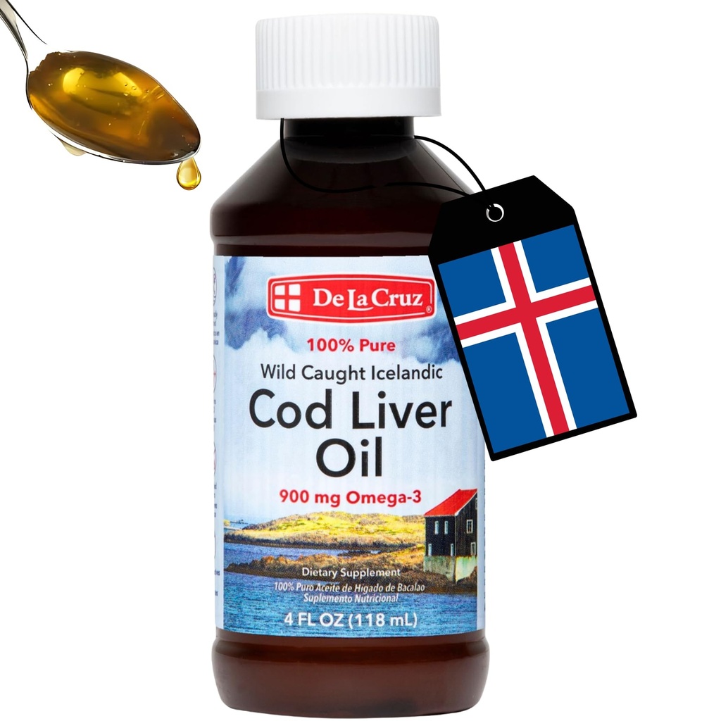 De La Cruz Cod Leverolie Vloeibaar - Pure Wild-Caught IJslandse Visolie 4 FL OZ (118 ml)