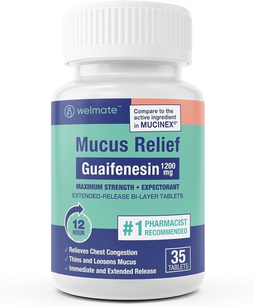 WELMATE - Guaifenesin 1200mg (35 tabletten) - Slijmverlossing - Verwachter - Hoest & koud - 12 uur Ondersteuning - Uitgebreide Release Bi-Layer tabletten - Over-The-Counter Medication