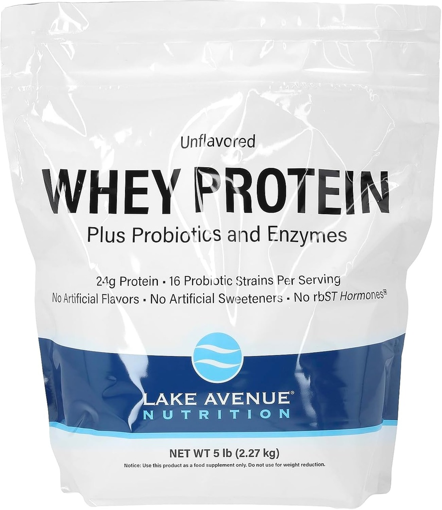 Lake Avenue Nutrition Whey Protein Plus Probiotica en enzymen, ongearomatiseerd, 5 lb (2,27 kg)
