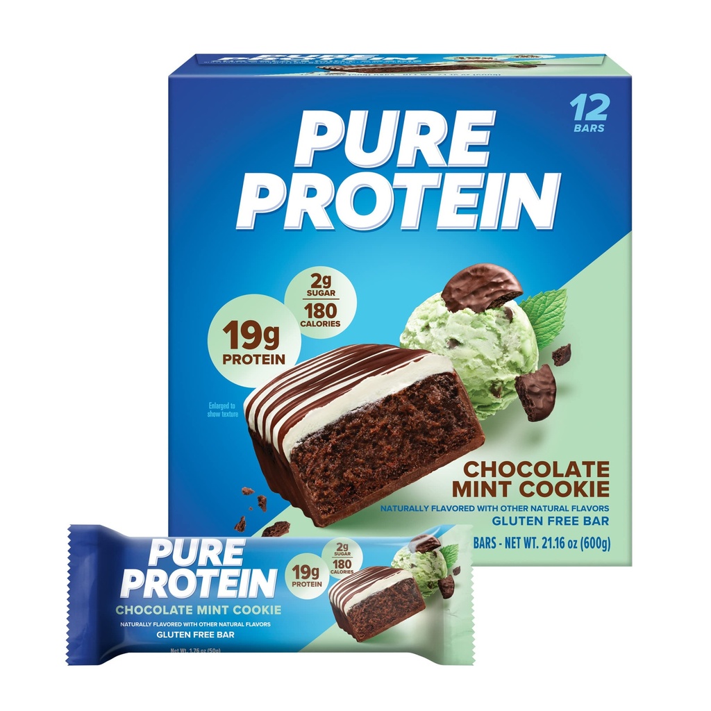 Pure proteïnerepen, hoge proteïne, Nutrische snacks ter ondersteuning van energie, lage suiker, Glutenvrij, Chocolademunt Cookie,1.76oz, 12 Tellen (Verpakking mei Vary)