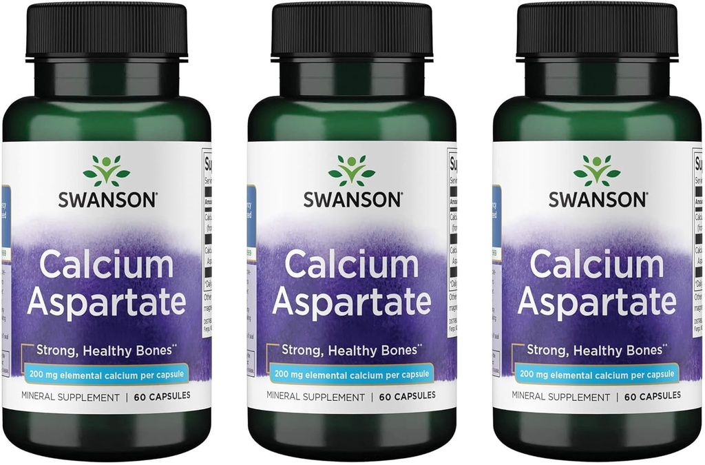 Swanson Calcium aspartaat - Herbal Supplement Promoting Bone, Heart, & Muscle Health - Natural Formula Promoting Total Body Wellness - (60 Capsules-200mg Each) (3 Pack)