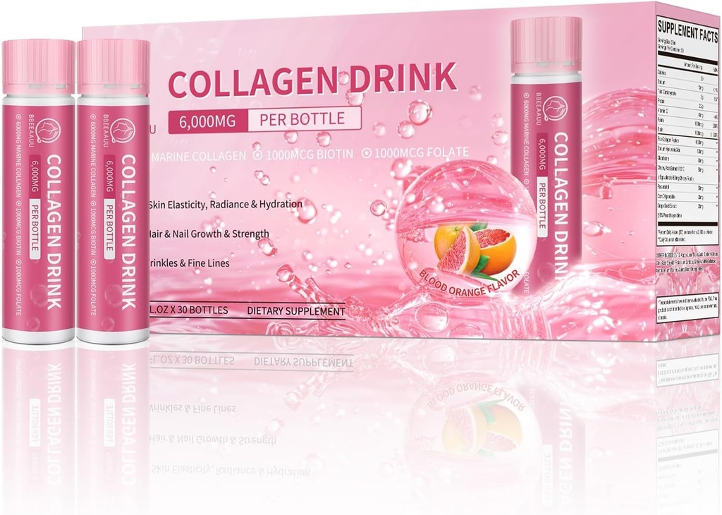 Collageen Drink met 6000 mg Marine Collageen Peptides, Liquid Collageen Shots for Women Support Beauty, Collageen Supplements for Skin, Hair and Nail Wellness, 0.85 Fl.Oz(25 ml)x30 Flessen, Blood Orange