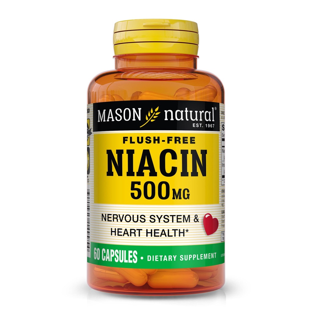 MASON NATUURLIJKE Niacin 500 mg Flush-Free, ondersteunt de gezondheid van het hart, zenuwstelsel en energieproductie, 60 capsules