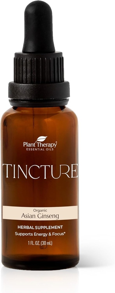 Plantentherapie Biologische Aziatische Ginseng wortel kruidensupplement Tinctuur 30 ml (1 oz) Geweldig voor energie, stimuleert Mental Focus, Veganistisch, Niet GGO, Glutenvrij, vloeibaar, 1 fles