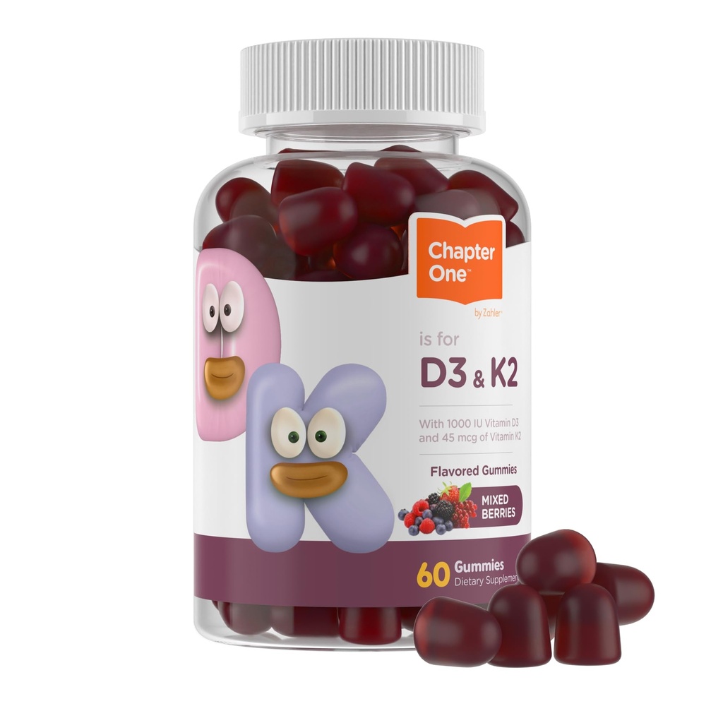 Zahler Hoofdstuk Een Vitamine D3 K2 Gummies, Bevat 1000IU vitamine D3 en 45MCG vitamine K2, D3 & K2 Gummy Supplement, Kosher, 60 Gummies