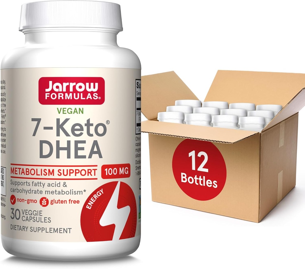 Jarrow Formules 7-Keto DHEA 100 mg, Dieetsupplement voor vetzuur en carbohydraat Metabolisme Ondersteuning, 30 Veggie Capsules, 15-30 Day Supply, Verpakking van 12