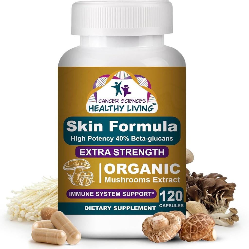 Supplément de bien-être de la peau pour les sciences du cancer, supplément de champignons d'extrait biologique certifié USDA, force supplémentaire de 1 500 mg, puissance élevée de 40 % bêta-lucans, soutien immunitaire, teint glosseux, 120 capsules