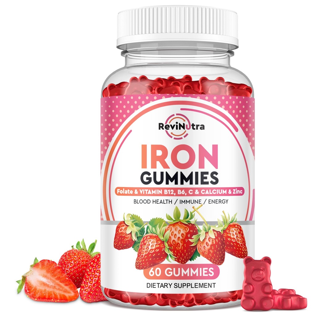 IJzer Gummies - met Calcium, Zink, Folaat & Vitamine B12, C,B6 voor Volwassenen & Kids - Blood Builder & Energy Ondersteuning voor Iron Deficency, Anemia, Vegan - 60 Gummies