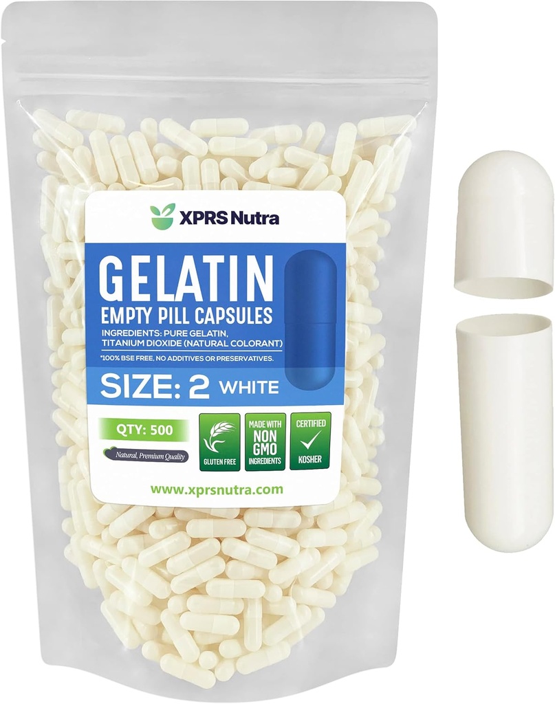 XPRS Nutra Size 2 Empty Capsules - 500 Count Empty Gelatin Capsules - Pills DIY Capsule Filling - Pure Bovine Pill Gel Caps for Do-It-Yourself Supplements (White)