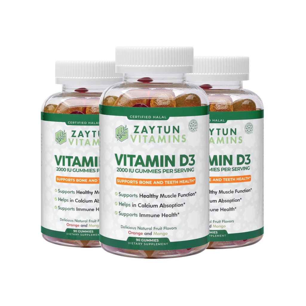 Zaytun Halal Vitamine D3 2000 IE Gummies, ondersteunt bot & Immune Health, bevordert spierfunctie, glutenvrij en gelatinevrij, (3-pack) - Made in USA