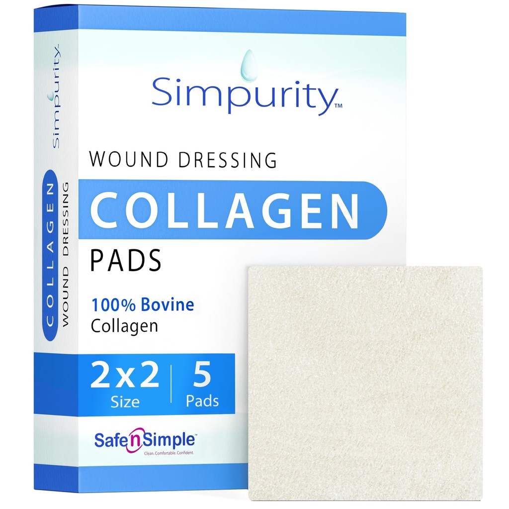 Collageen Dressing Pads - 2" x 2" 5 Count Collageen Pads for Wounds - Non-Adherent Collageen Dressing for Wound Care - Safe n' Simple Wound Care Supplies