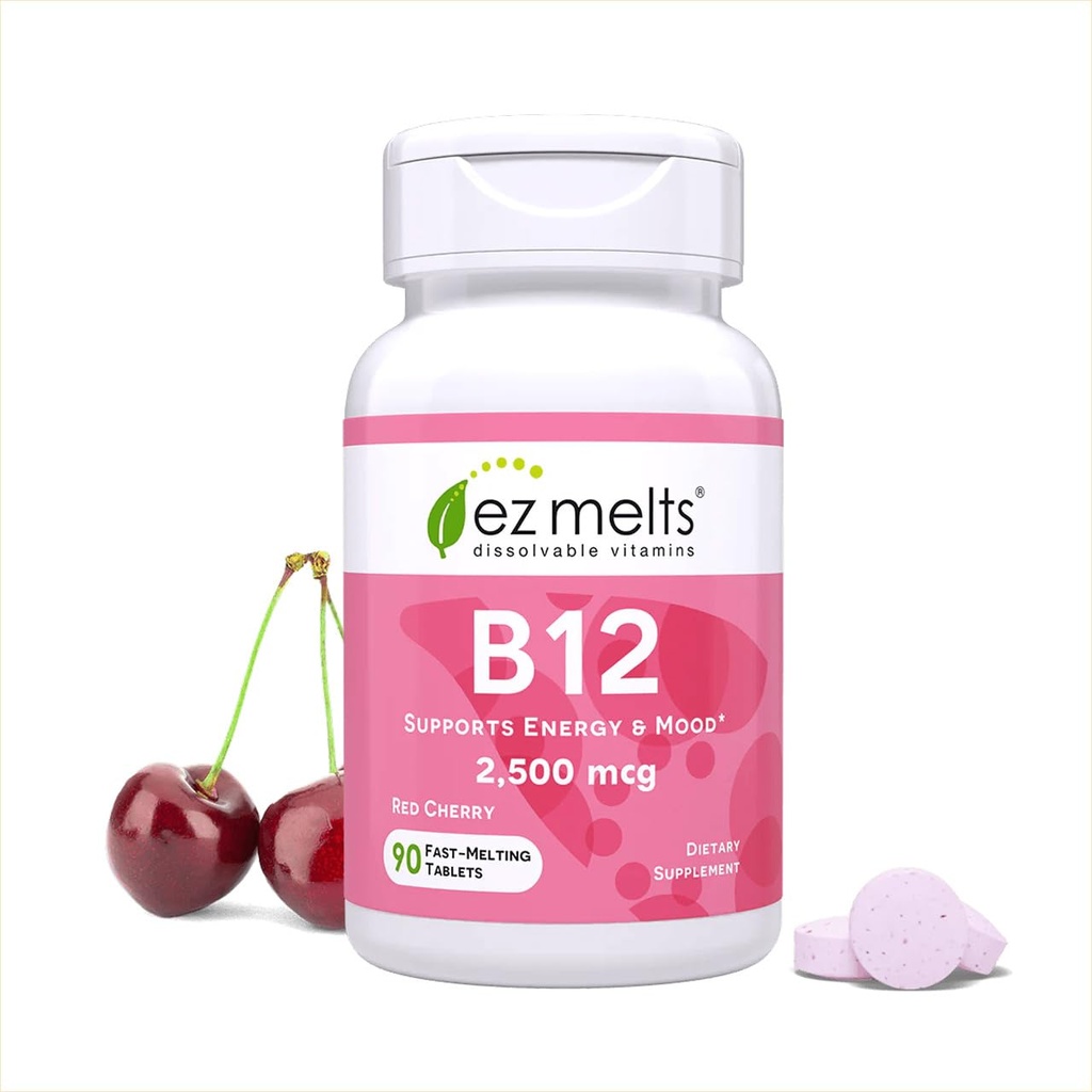 EZ Melts B12 Sublingual Vitamine 2500 mcg, Methylcobalamine, Suikervrije, 3-maand levering - 1 Pack