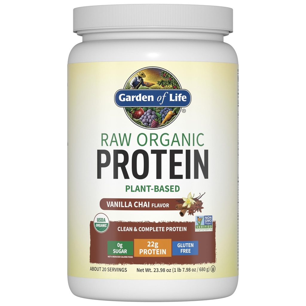 Jardin de la vie Poudre de protéines végétales organiques, base végétale et BCAA, poudre de protéines organiques avec probiotiques et enzymes, non OGM, sans lactose sans gluten, Vanilla Chai, 1,2 LB