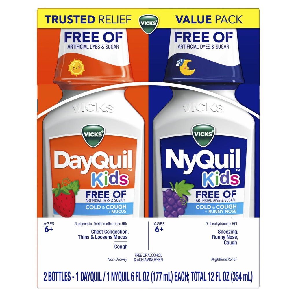 Vicks Kids DayQuil & NyQuil Cold & Cough Relief Liquid Co-pack, Exempte de colorants artificiels et de sucre, Multi-Symptômes Relief de Toux, Éternuement, Runny Nez, Mucus, et Congestion de poitrine, pour les 6+ ans, 2x6oz