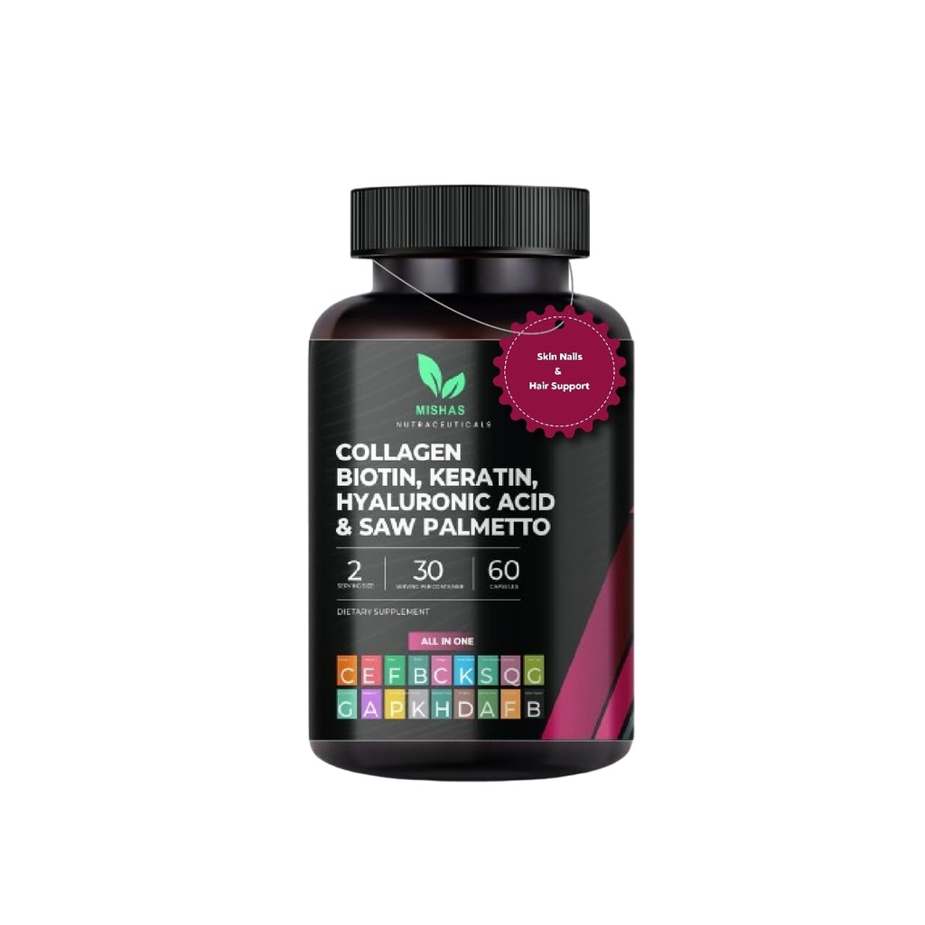 Multi collageen haar pillen - Biotin 10.000mcg, keratine en hyaluronzuur - haargroei - haar huid en nagels vitaminen & DHT-blokker - vitamine E foliumzuur pompoenzaad MSM, Zag Palmetto 60 Vegan Capsules