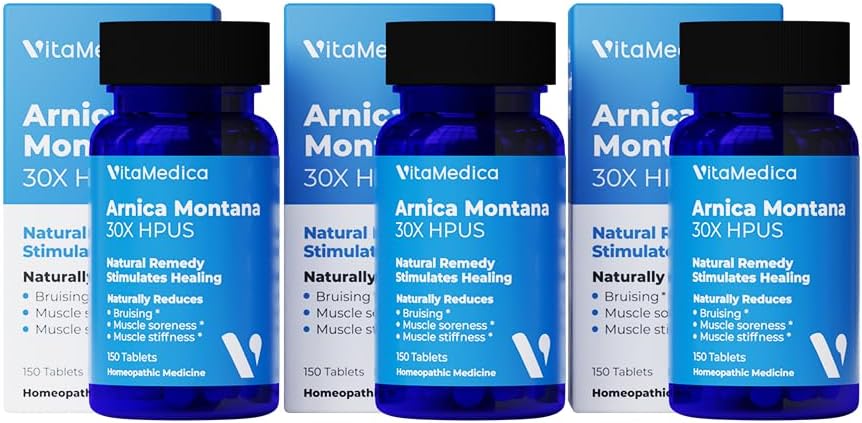 VitaMedica Arnica Montana 30X Comprimés homéopathiques pour la douleur de contusion et l'enflure Formule à base de plantes , recommandé par les chirurgiens en plastique , Chirurgie naturelle ou blessure , 3 Pack , 150 portions