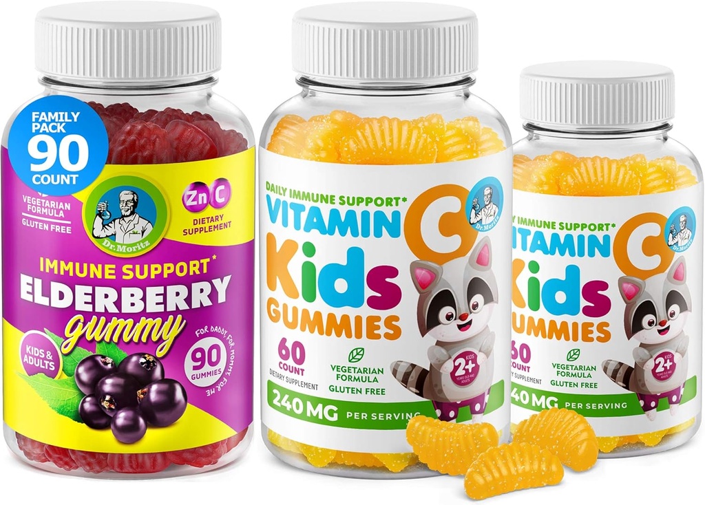 DR. MORITZ Vitamine C Gummies and Elderberry Gummies for Kids and Adults - Soutien immunitaire aux vitamines gommy à faible teneur en sucre pour les tout-petits - Supplément alimentaire pour enfants sans gélatine végétarienne