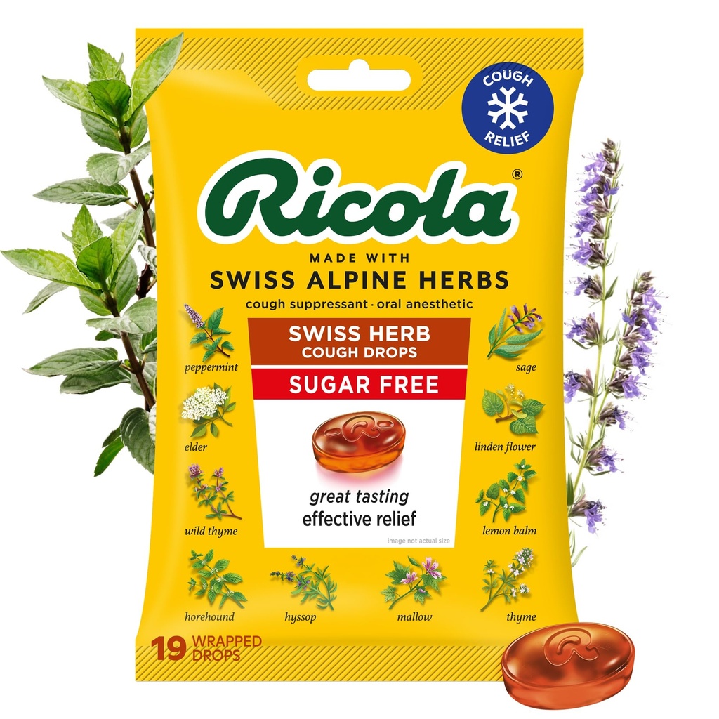 Ricola Suikervrij Zwitserse kruiden Hoest Druppen, 19 Graaf, Hoest Suppressant & Throat Relieving Drops met natuurlijk aangeboren Menthol, Pleasing Smaak voor Hoesten & Throat Irritation Symptoom Relief