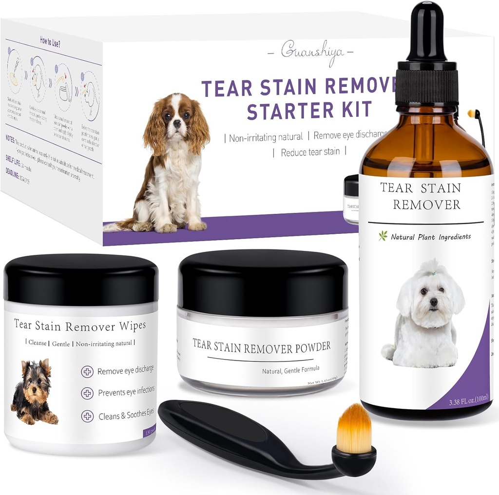 Hond Tear Stain Remover Starter Kit, met Witch Hazel Extract, Verwijder Tear Stains, Discharge & Mucus, omvat Stain Solution, Applicator Wipes, Stain Powder & Brush, duurt 30-45 dagen